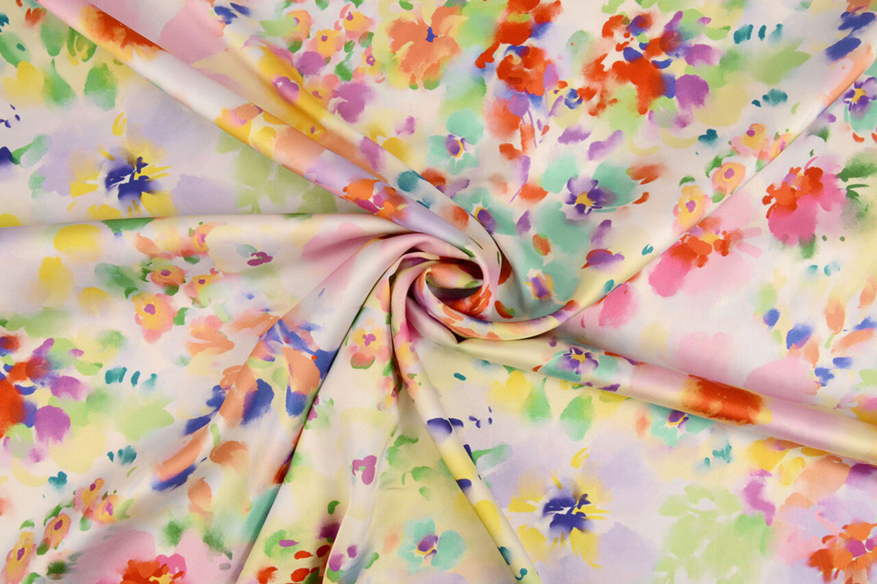 Oeko-Tex®  Stretch Satijn Bedrukt Watercolour Flowers