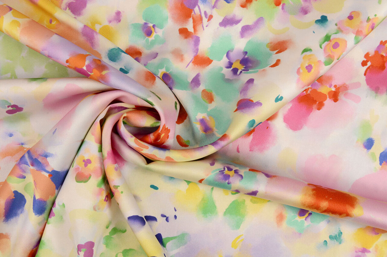 Oeko-Tex®  Stretch Satijn Bedrukt Watercolour Flowers