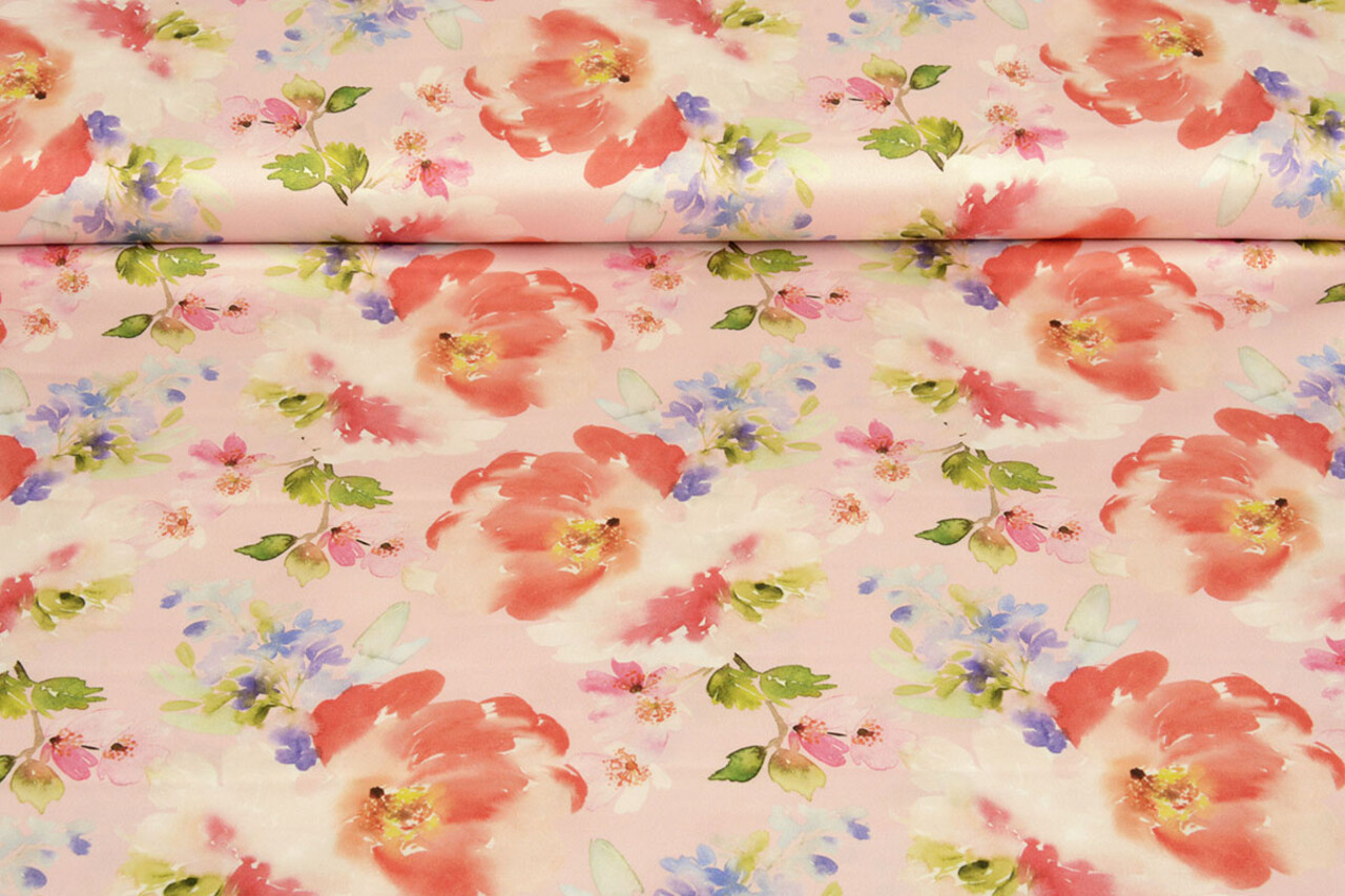 Oeko-Tex®  Stretch Satijn Bedrukt Bloem Galore