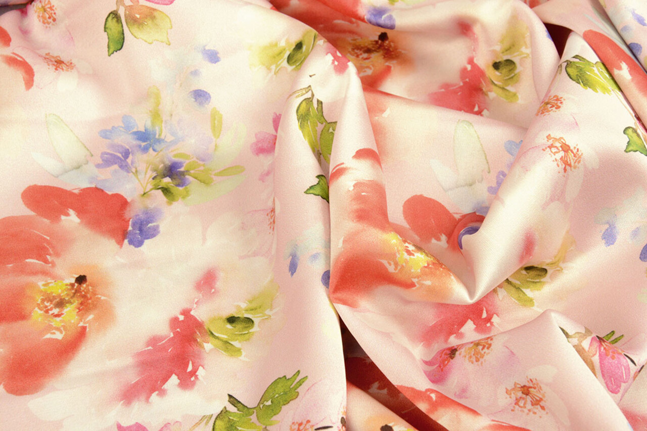 Oeko-Tex®  Stretch Satijn Bedrukt Bloem Galore