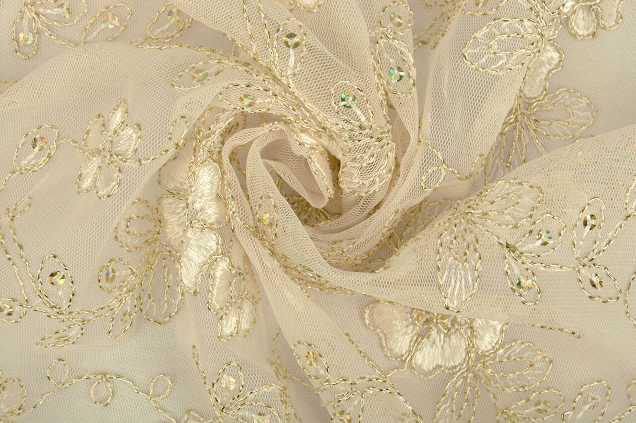 Mesh Embroidered Aliyah  Creme-Gold