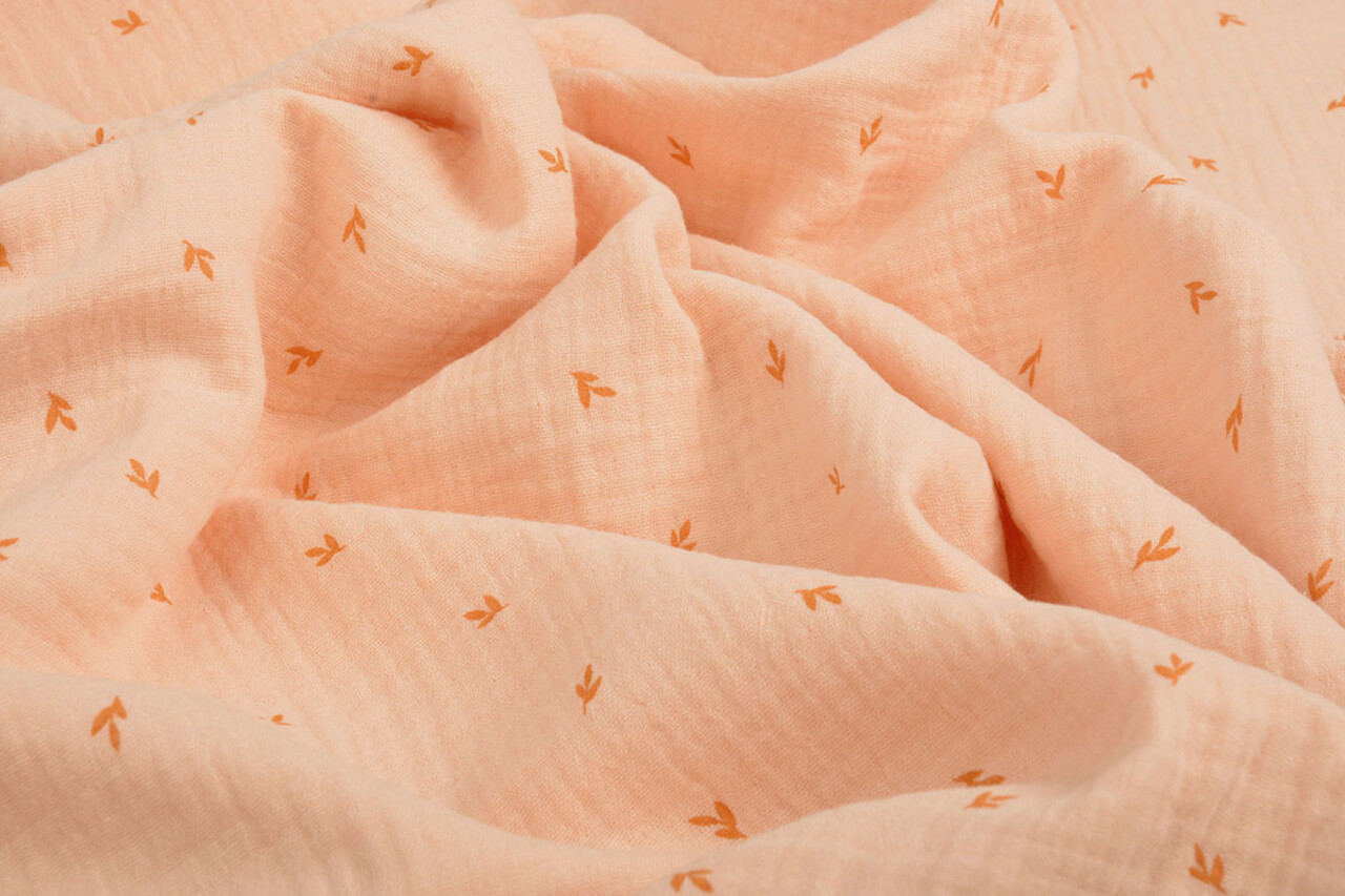 Oeko-Tex® Coton Double Gaze Tissu Mini Feuilles Saumon Oeko-Tex® Coton Double Gaze Tissu Mini Feuilles Saumon