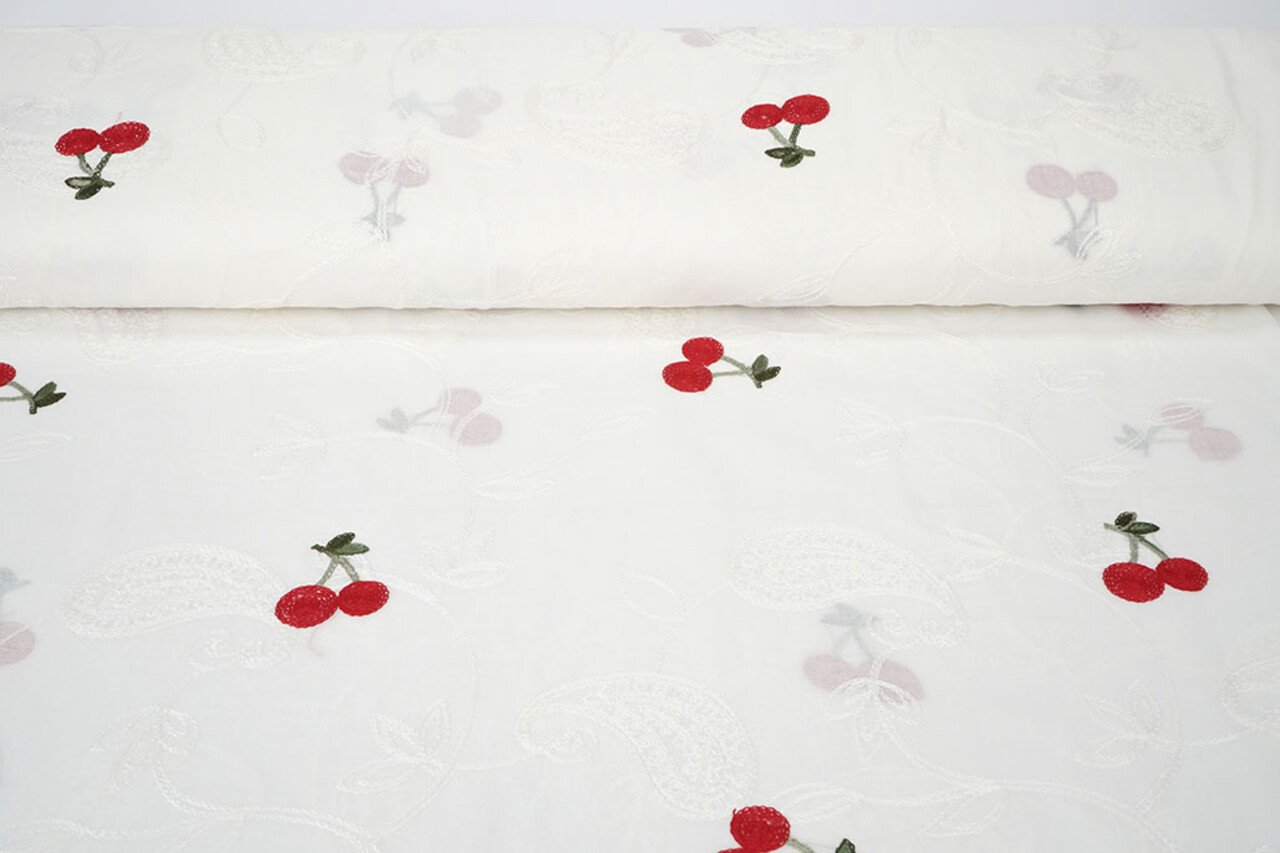 Baumwolle Bestickt Kirsche Regina  Creme
