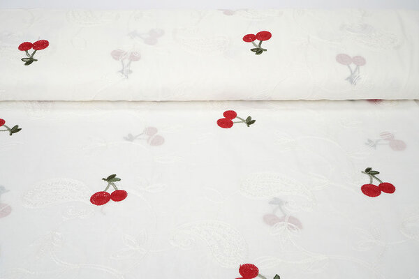Baumwolle Bestickt Kirsche Regina  Creme