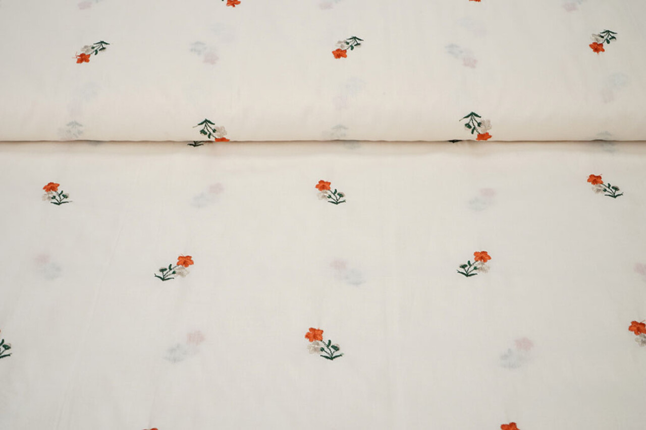 Katoen Geborduurd Bloem Fleur Naturel