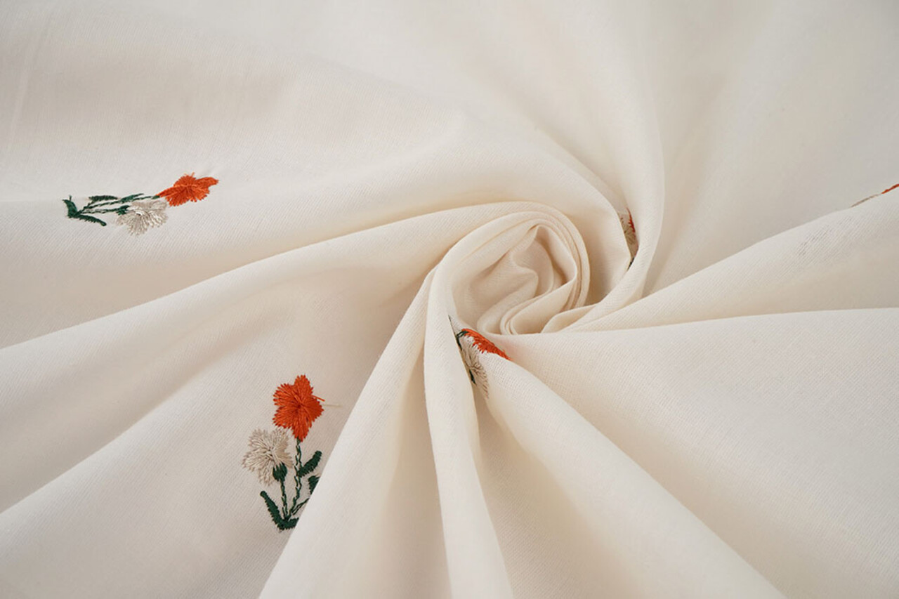 Katoen Geborduurd Bloem Fleur Naturel