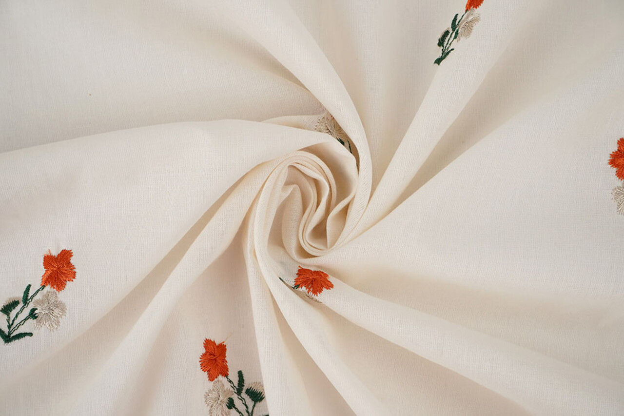 Katoen Geborduurd Bloem Fleur Naturel