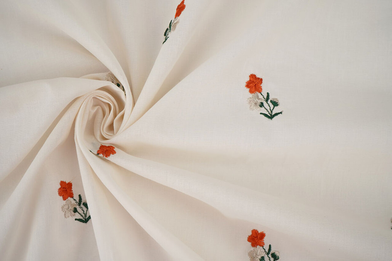 Katoen Geborduurd Bloem Fleur Naturel