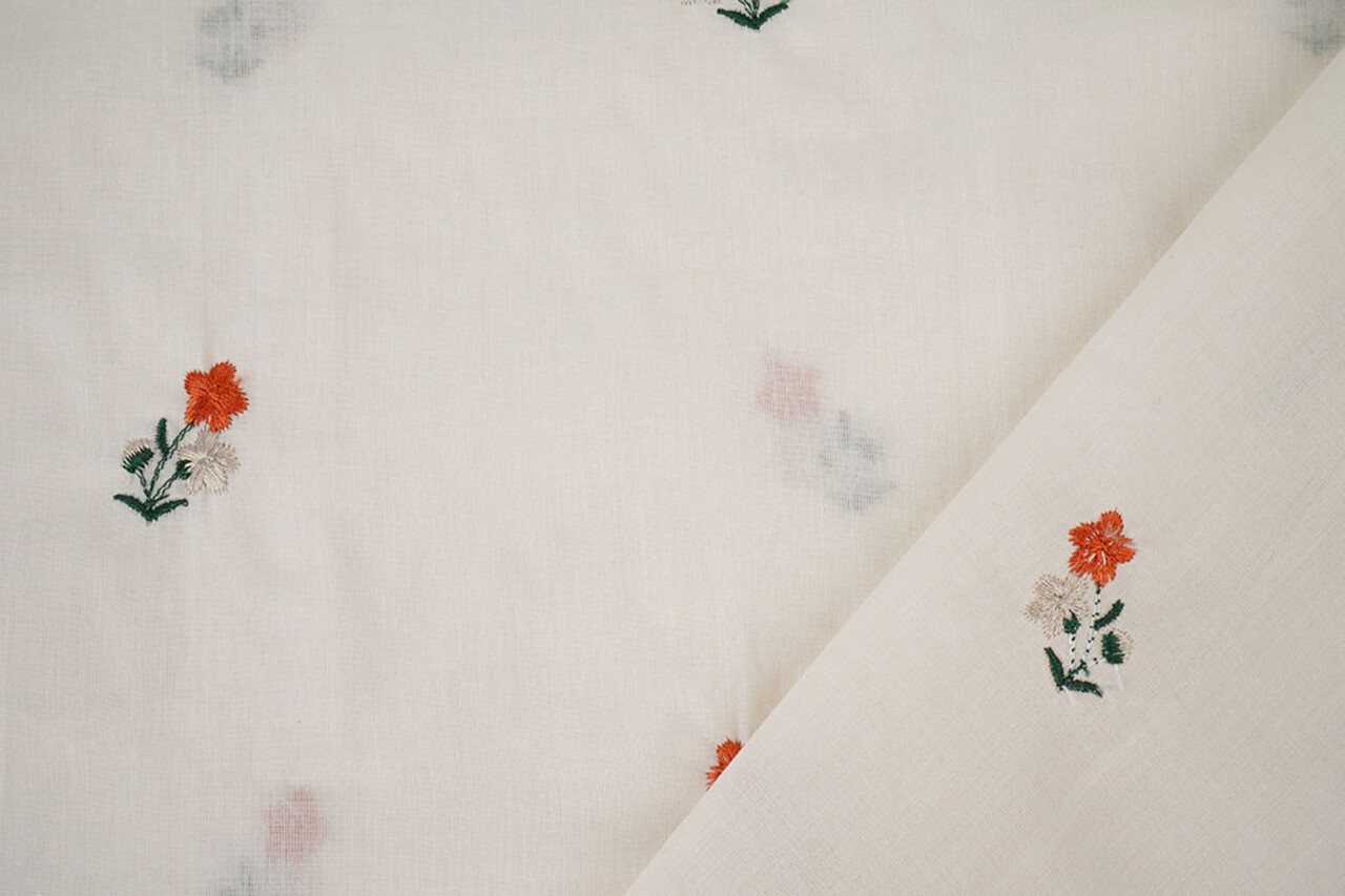 Katoen Geborduurd Bloem Fleur Naturel
