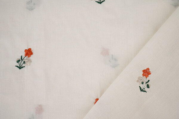 Katoen Geborduurd Bloem Fleur Naturel
