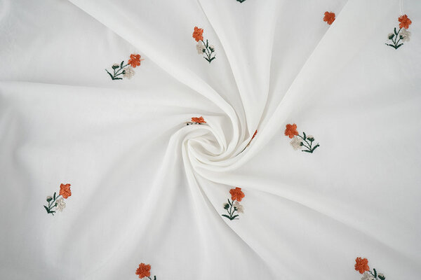 Baumwolle Bestickt Blume Fleur Creme