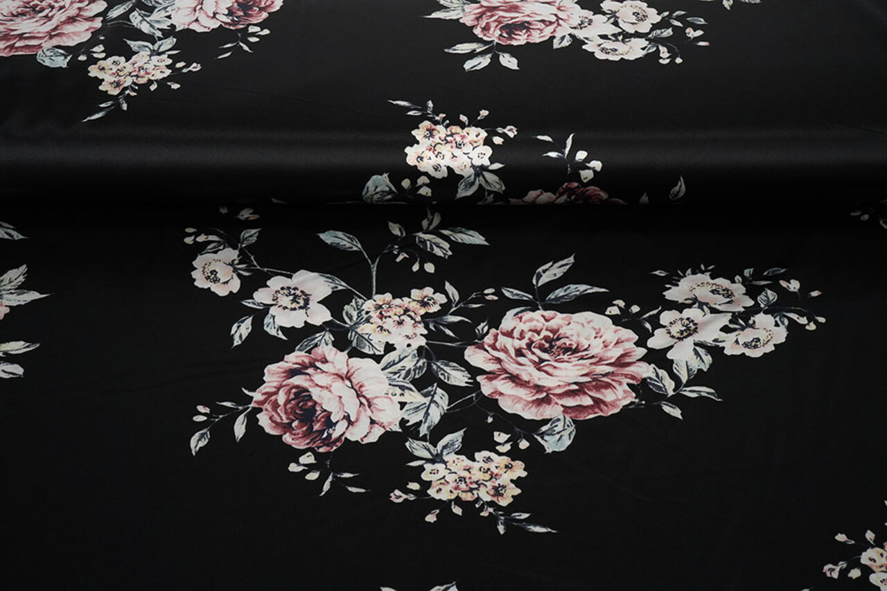 Satén Elástico Estampado Flores Lena Negro Satén Elástico Estampado Flores Lena Negro