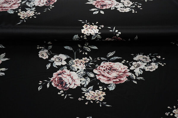 Stretch Raso Stampato Fiori Lena Nero Stretch Raso Stampato Fiori Lena Nero