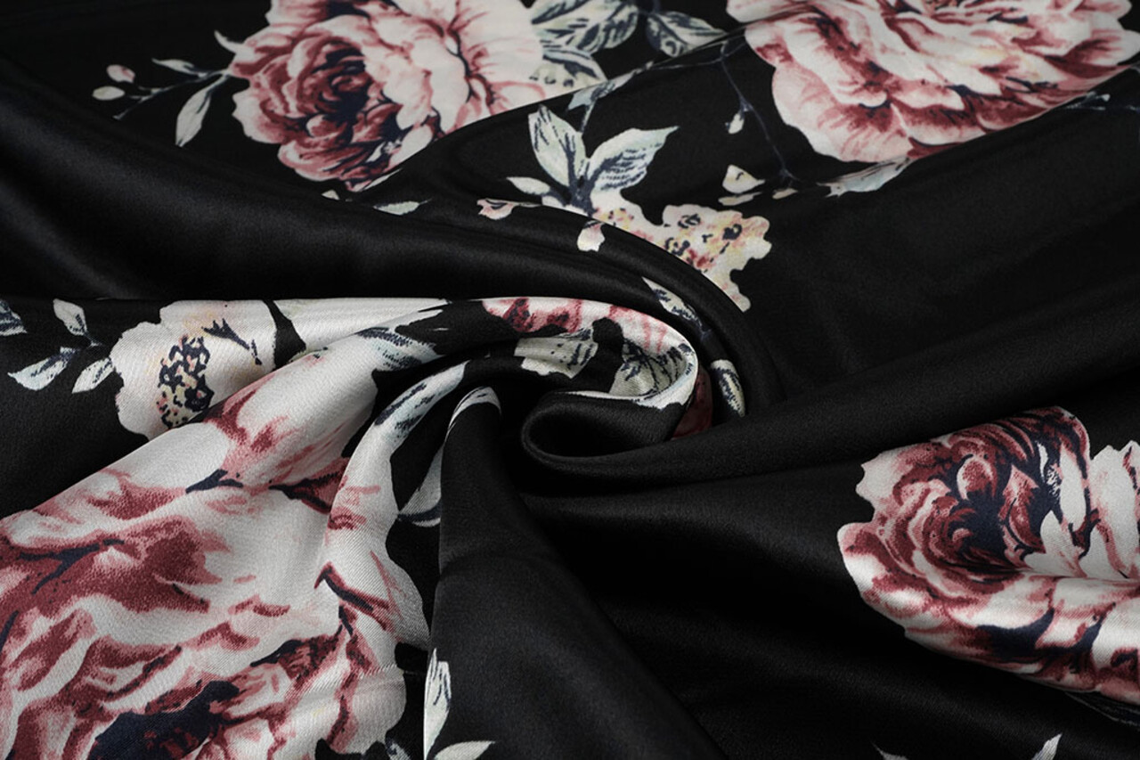 Stretch Raso Stampato Fiori Lena Nero Stretch Raso Stampato Fiori Lena Nero