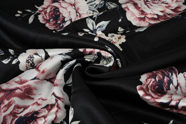 Stretch Raso Stampato Fiori Lena Nero Stretch Raso Stampato Fiori Lena Nero