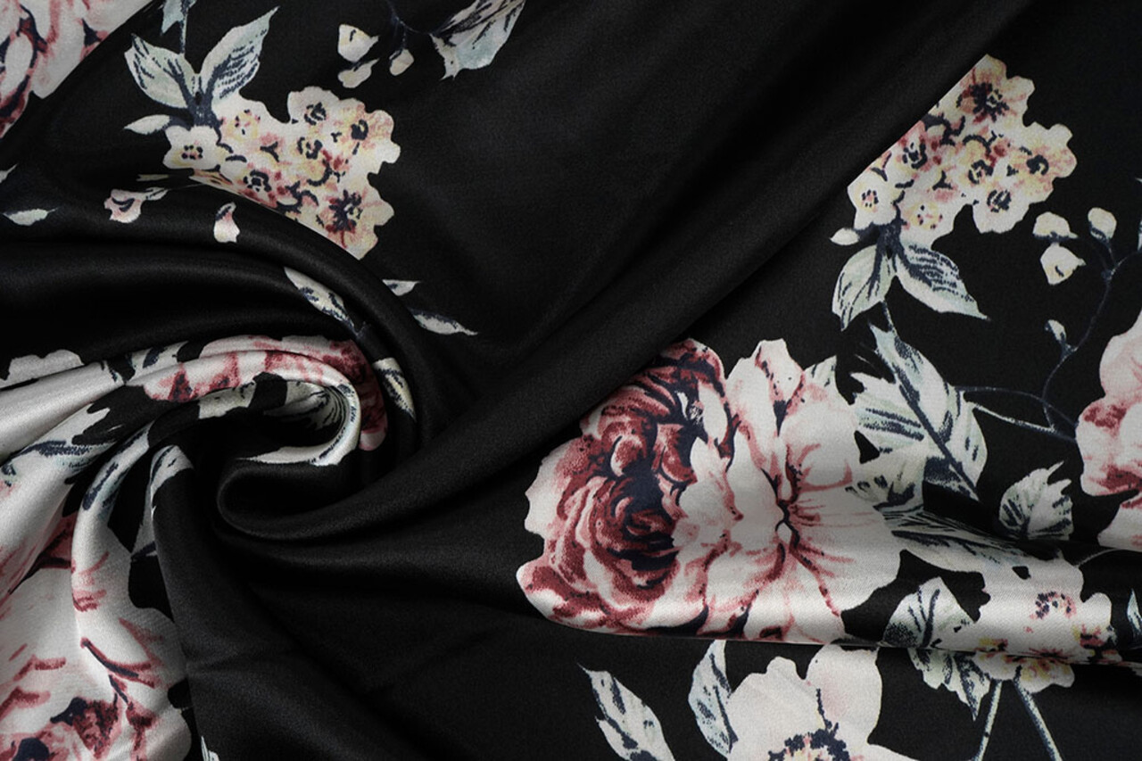 Stretch Raso Stampato Fiori Lena Nero Stretch Raso Stampato Fiori Lena Nero