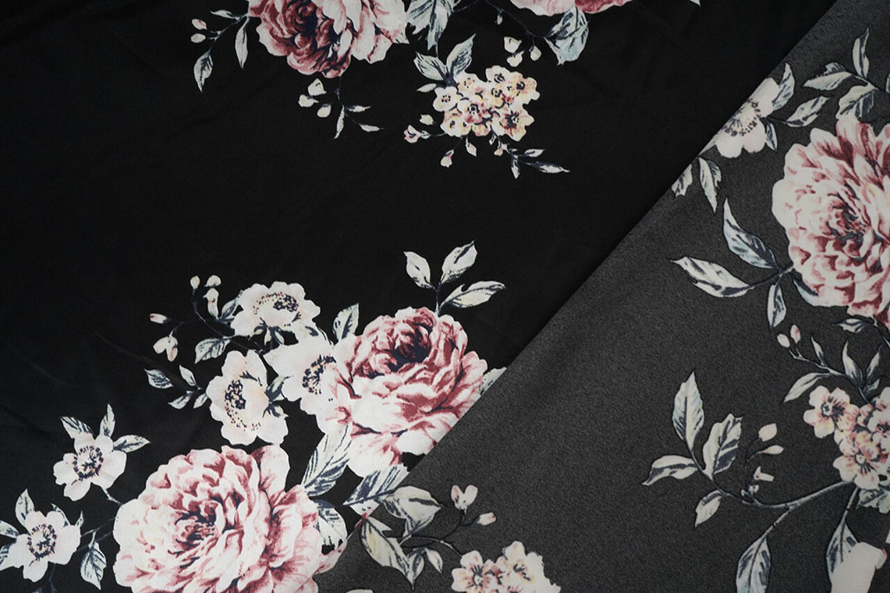 Satén Elástico Estampado Flores Lena Negro Satén Elástico Estampado Flores Lena Negro