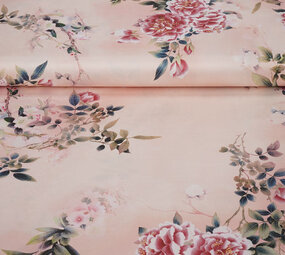 Stretch Satijn Bedrukt Bloemen Jasmijn Peach Stretch Satijn Bedrukt Bloemen Jasmijn Peach