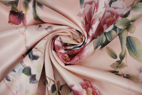 Stretch Satin Printed Flowers Jasmijn Peach