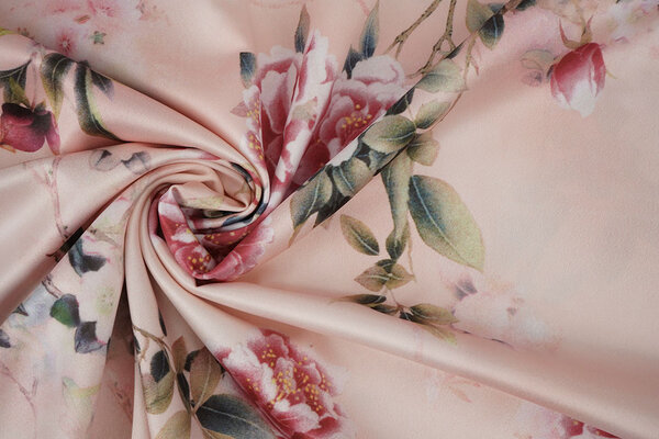 Stretch Satin Printed Flowers Jasmijn Peach