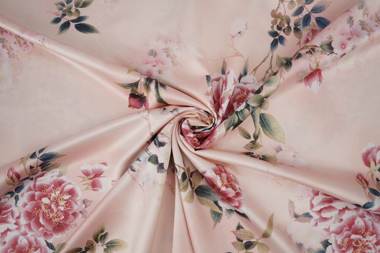 Stretch Satin Bedruckt Blumen Jasmijn Pfirsich