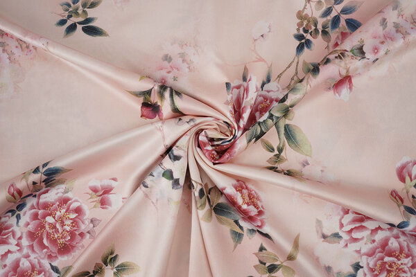 Stretch Satin Bedruckt Blumen Jasmijn Pfirsich