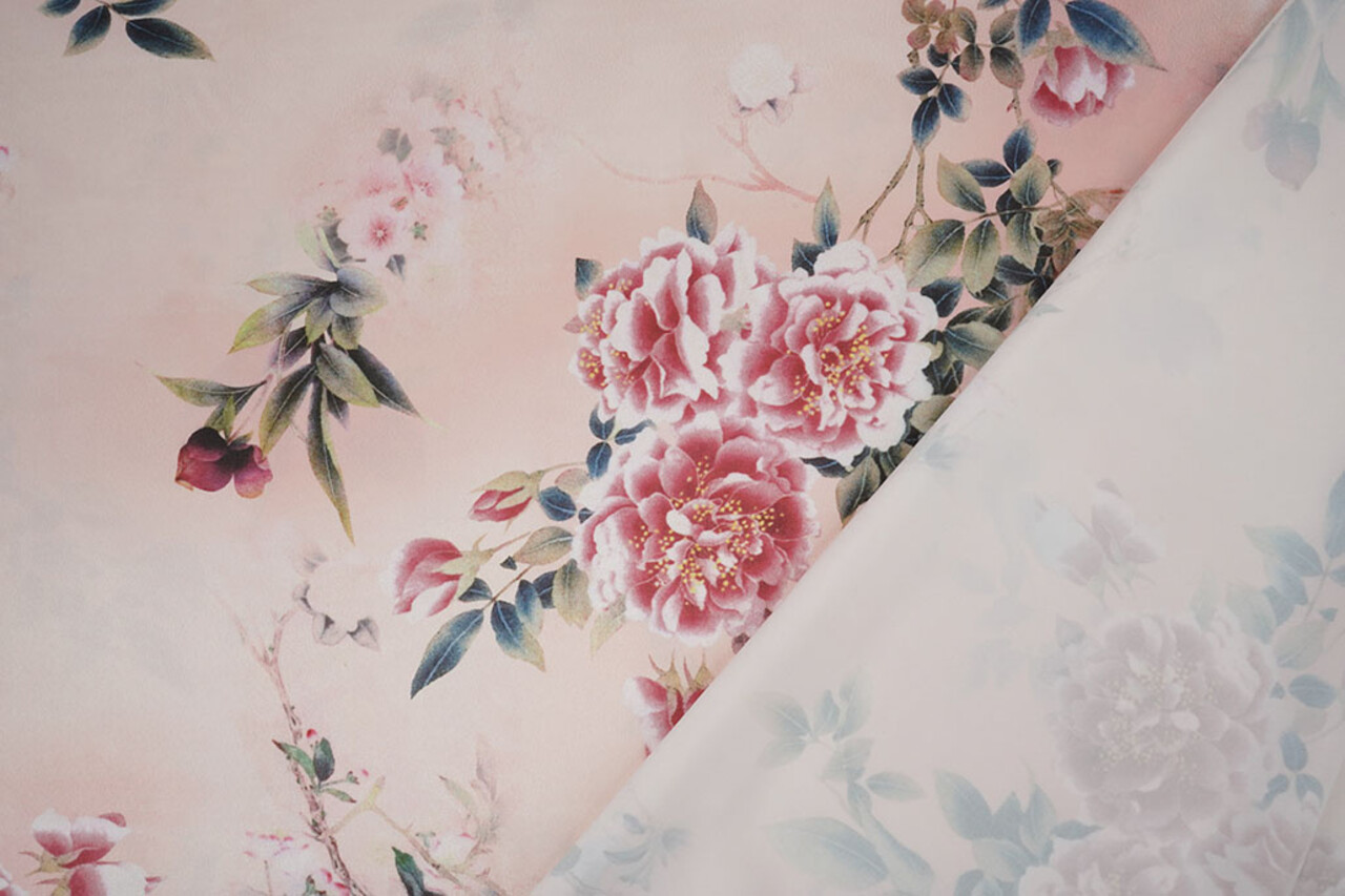 Stretch Satin Bedruckt Blumen Jasmijn Pfirsich