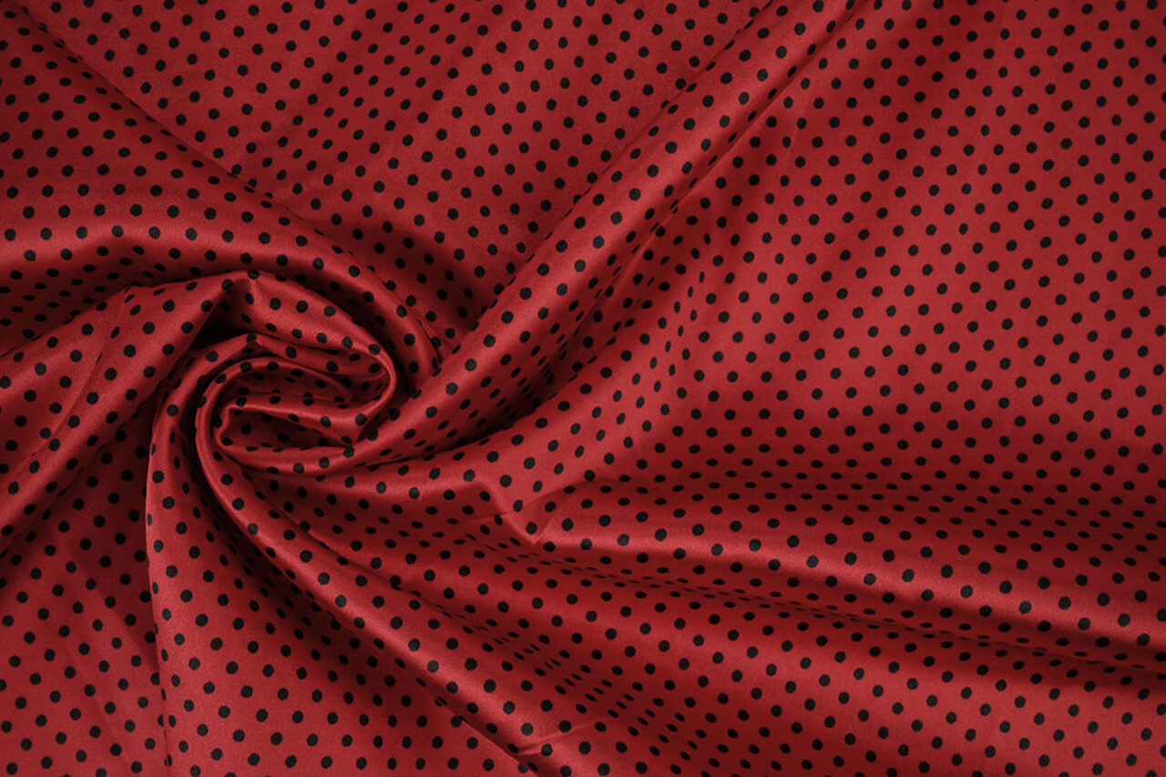 Satén Elástico Estampado Puntos Rojo Negro