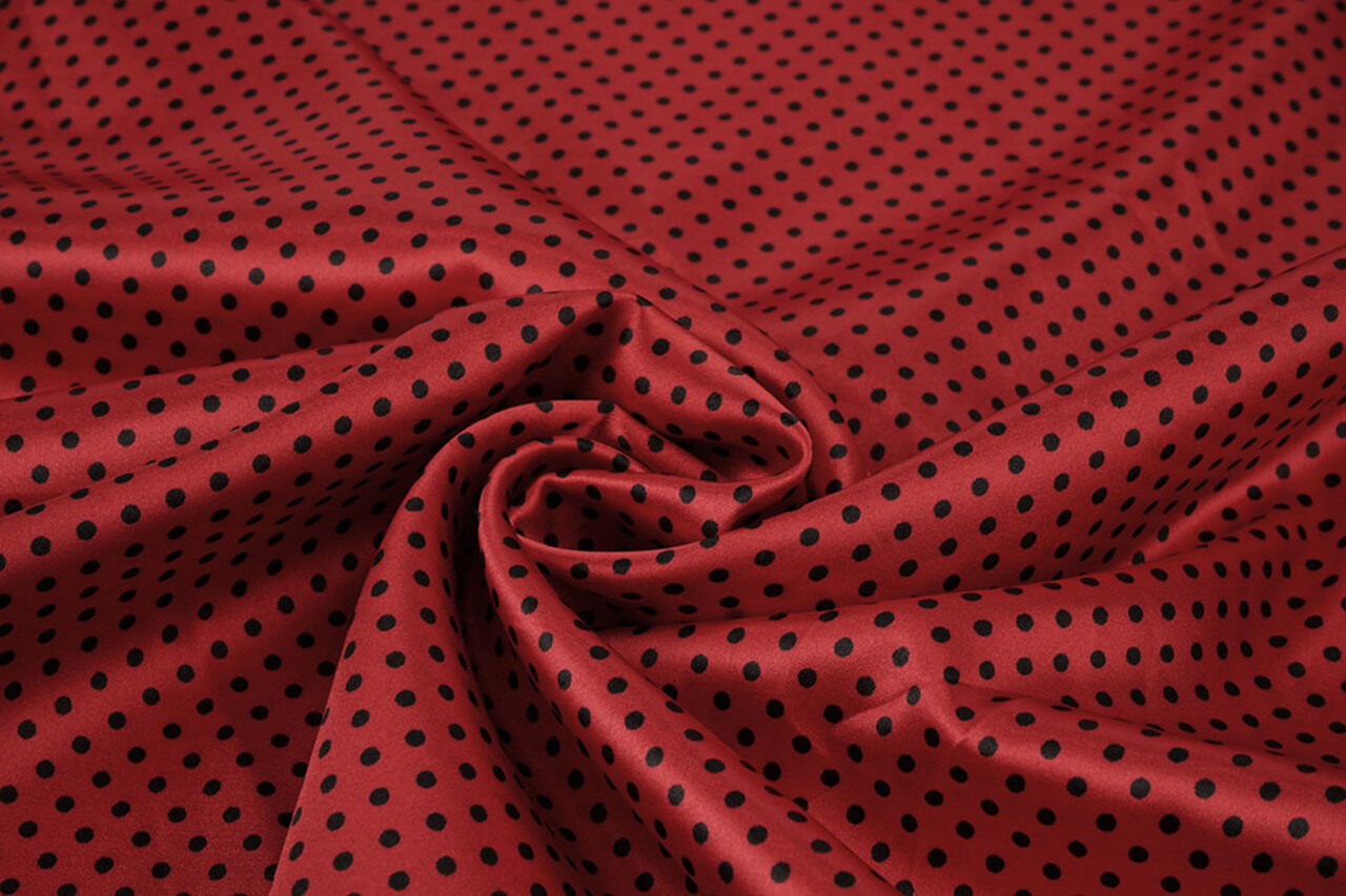 Stretch Satin Printed  Dots Red Black