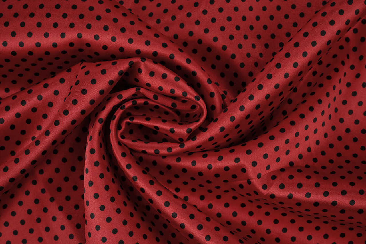 Satén Elástico Estampado Puntos Rojo Negro