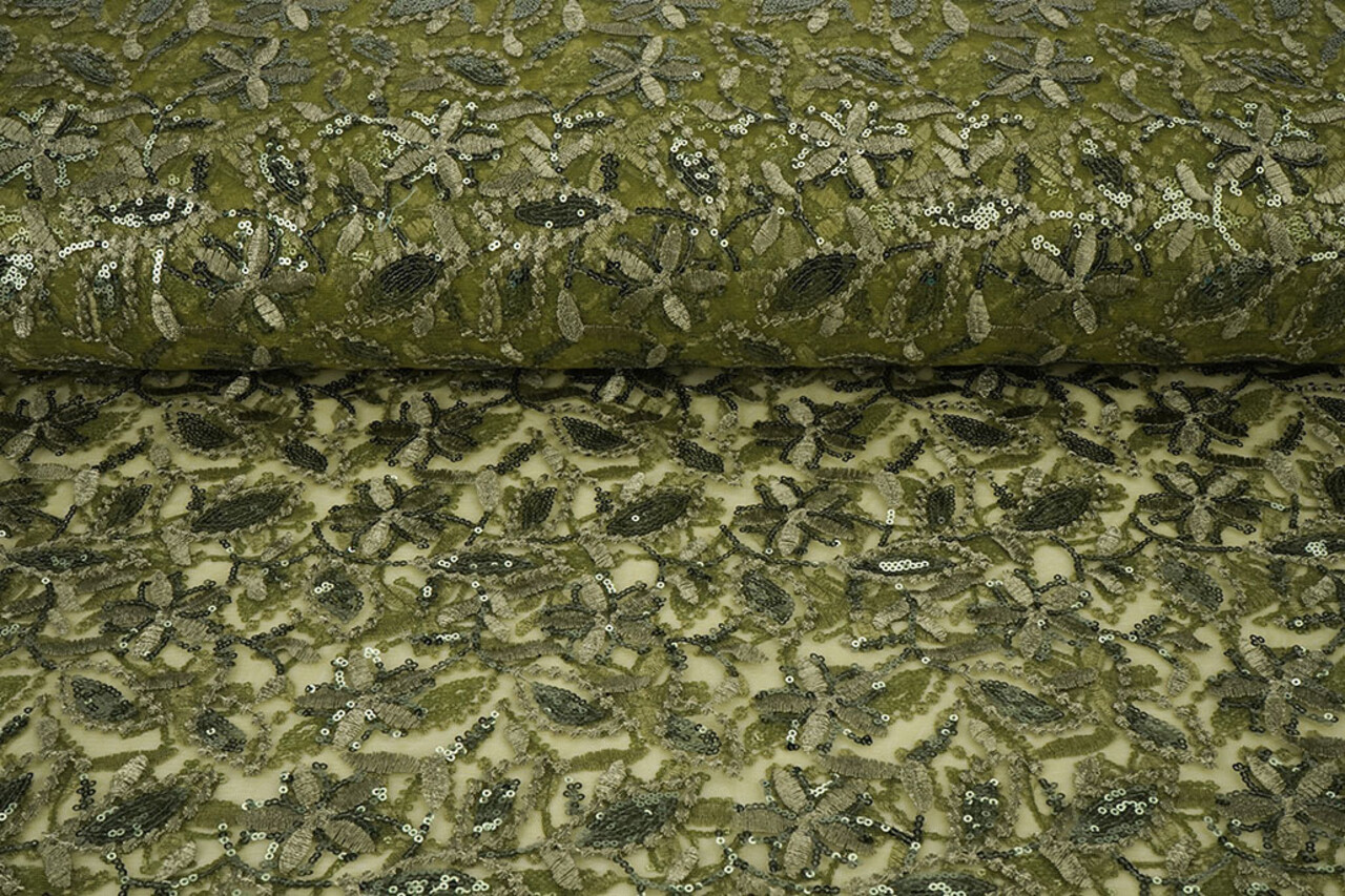 Mesh Ricamato Paillettes Naomi Verde Muschio