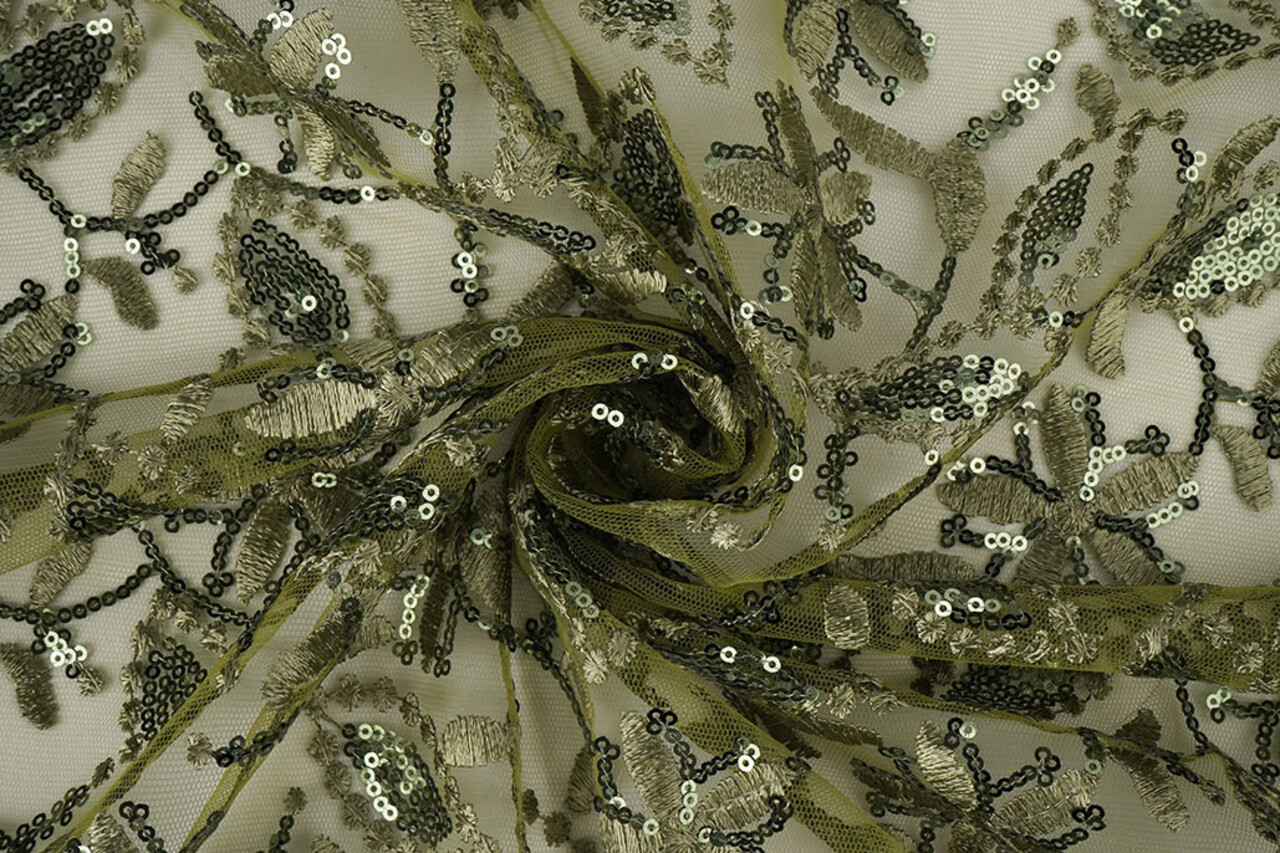 Mesh Ricamato Paillettes Naomi Verde Muschio