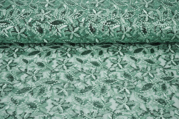 Mesh Ricamato Paillettes Naomi Verde Antico Chiaro
