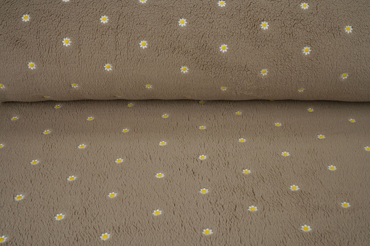 Oeko-Tex® Teddystoff Bestickt Blumen Camilla Taupe Oeko-Tex® Teddystoff Bestickt Blumen Camilla Taupe