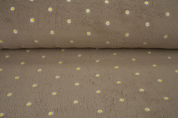 Oeko-Tex® Teddystoff Bestickt Blumen Camilla Taupe Oeko-Tex® Teddystoff Bestickt Blumen Camilla Taupe