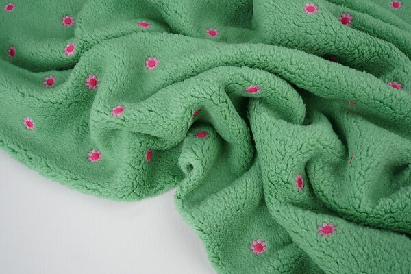 Oeko-Tex® Teddy Tessuto Ricamato Fiori Camilla Verde Oeko-Tex® Teddy Tessuto Ricamato Fiori Camilla Verde
