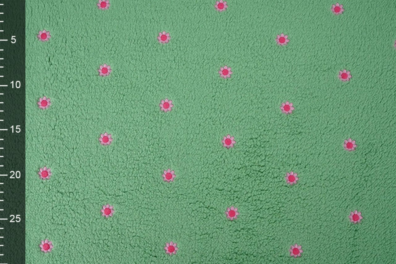 Oeko-Tex® Teddy Tessuto Ricamato Fiori Camilla Verde Oeko-Tex® Teddy Tessuto Ricamato Fiori Camilla Verde