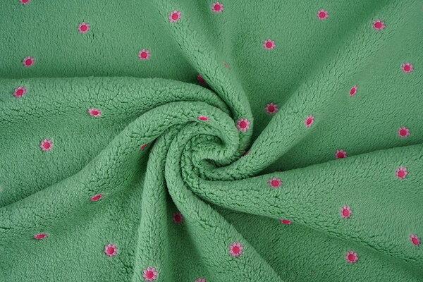Oeko-Tex® Teddy Tessuto Ricamato Fiori Camilla Verde Oeko-Tex® Teddy Tessuto Ricamato Fiori Camilla Verde