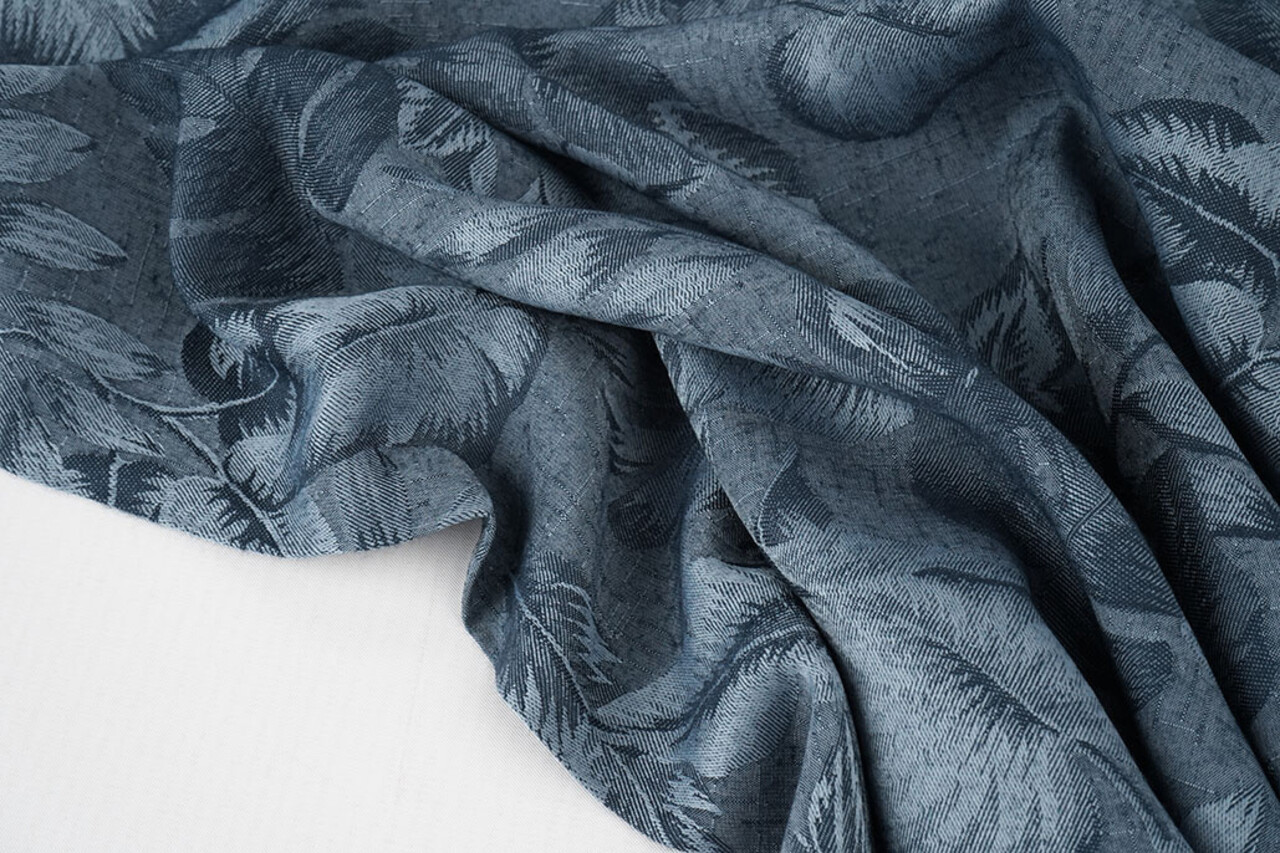 Viscose Jacquard Vintage Palm Leaves Jeans Blauw