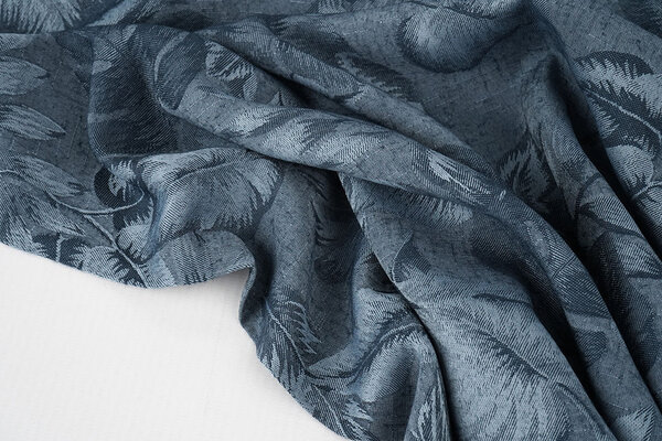 Viscose Jacquard Vintage Palm Leaves Jeans Blue