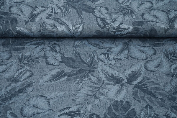 Viskose Jacquard Vintage Palm Leaves Jeans Blau