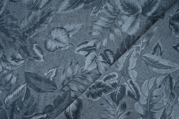 Viskose Jacquard Vintage Palm Leaves Jeans Blau