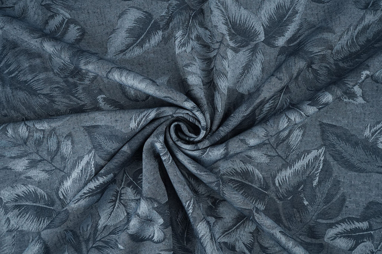 Viskose Jacquard Vintage Palm Leaves Jeans Blau