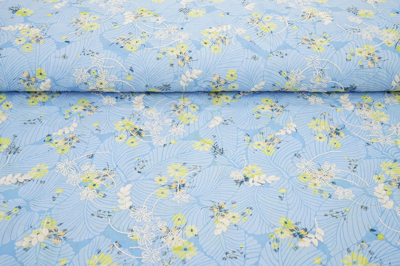 Coton Brodé Fleurs Nola Bleu Jean