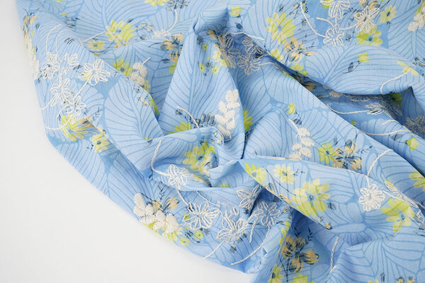 Coton Brodé Fleurs Nola Bleu Jean