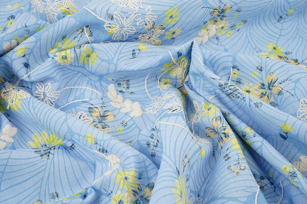 Cotone Ricamato Fiori Nola Blu Denim Cotone Ricamato Fiori Nola Blu Denim