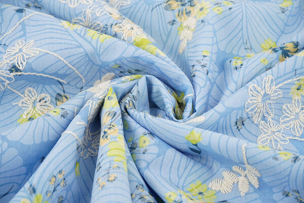 Coton Brodé Fleurs Nola Bleu Jean