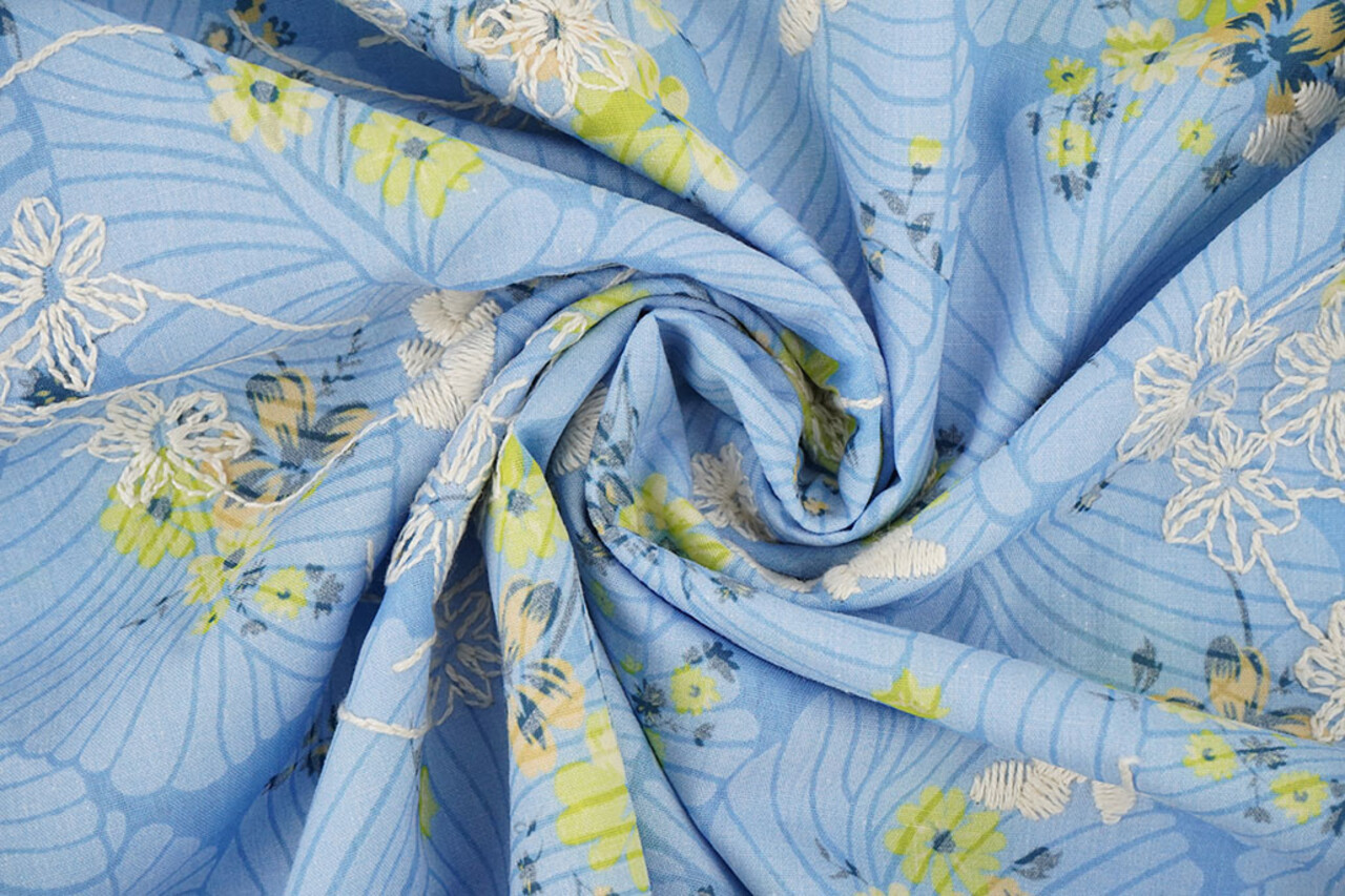 Algodón Bordado Flores Nola Azul Denim