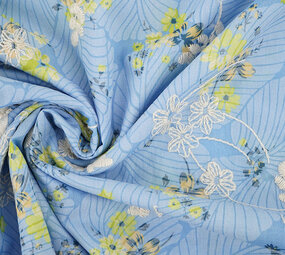 Algodón Bordado Flores Nola Azul Denim Algodón Bordado Flores Nola Azul Denim