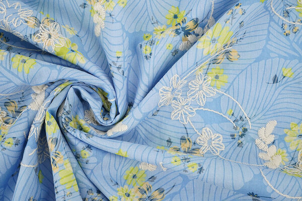 Cotone Ricamato Fiori Nola Blu Denim Cotone Ricamato Fiori Nola Blu Denim